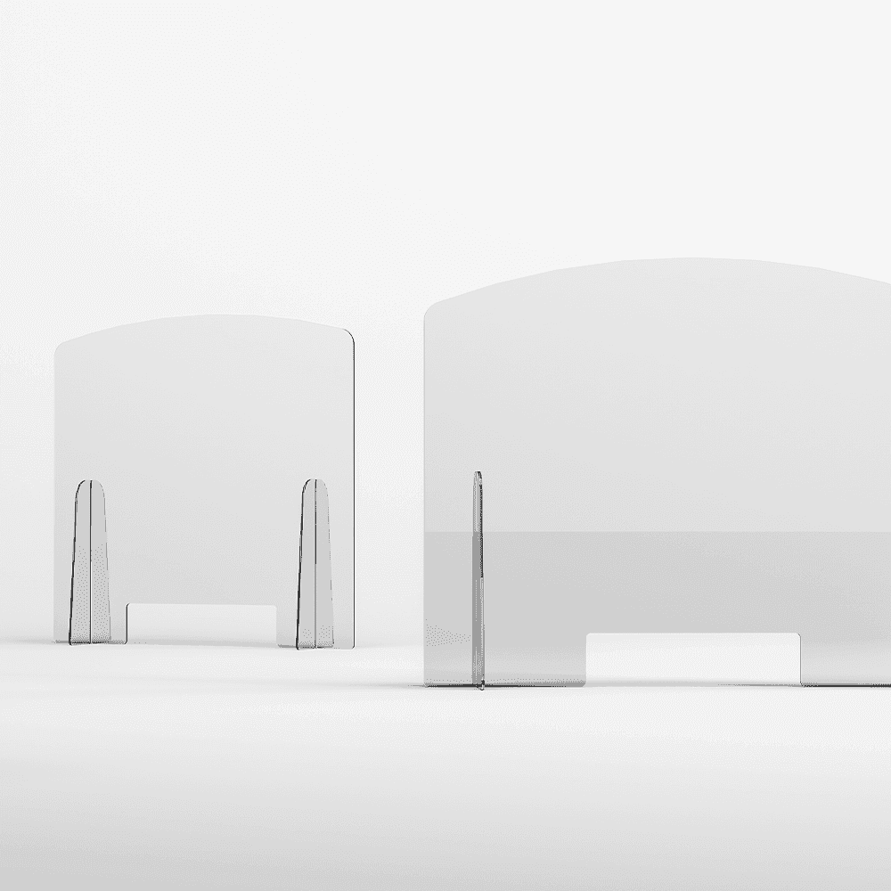 Custom glass shower doors and tempered glass table tops displayed on a minimalist background, showcasing beveled glass edges for a modern aesthetic.
