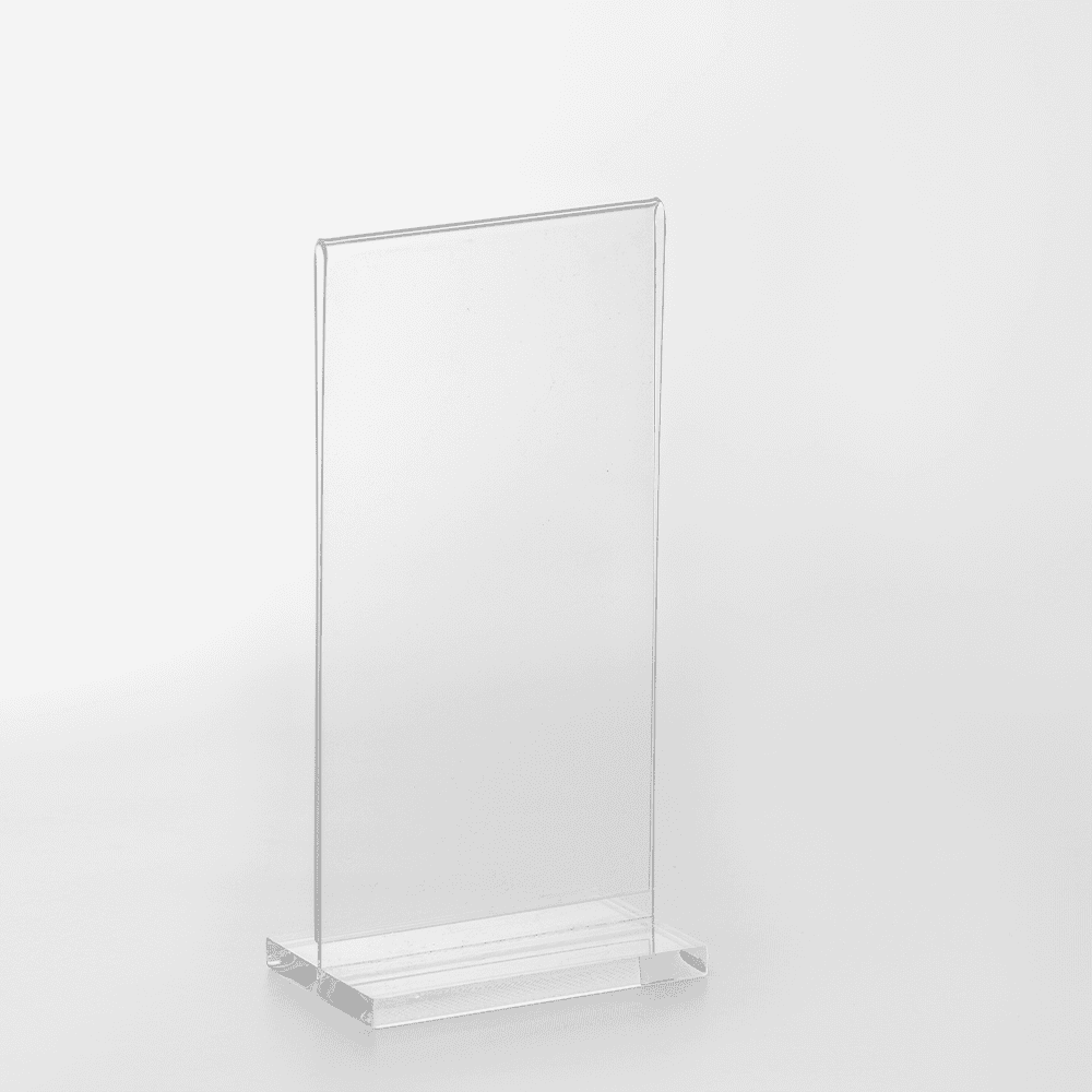 Clear glass panel display stand, ideal for showcasing custom glass products like tempered glass shower doors, table tops, and mirrors with a stylish beveled glass edge.