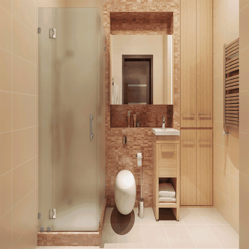 Custom glass shower doors with a sleek design, featuring a frosted finish and tempered glass, in a modern bathroom setting with wooden cabinetry and a beveled mirror edge.