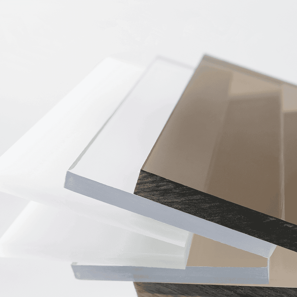Tempered glass sheets in various styles, showcasing options for shower doors, table tops, and custom mirrors with beveled glass edges.