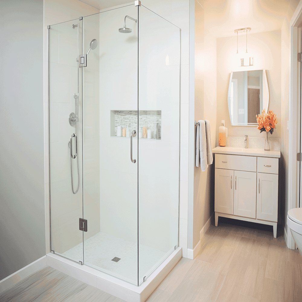 Custom glass shower doors in a modern bathroom, featuring sleek tempered glass and a stylish beveled glass edge, complemented by contemporary decor and a matching mirror.