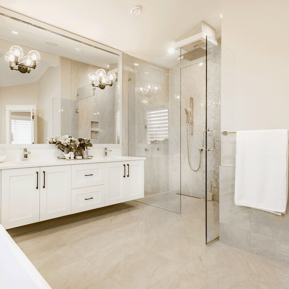 Modern bathroom featuring custom shower doors