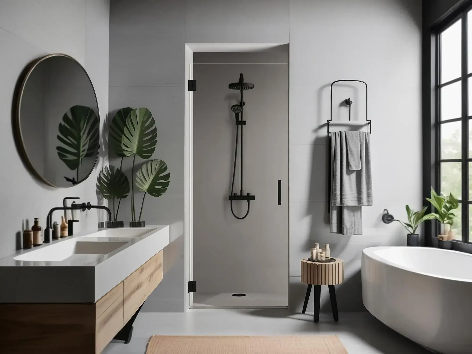 A spa-like modern bathroom featuring a frameless glass shower door with matte black fixtures, a floating wood vanity with a large round mirror, and a freestanding tub.