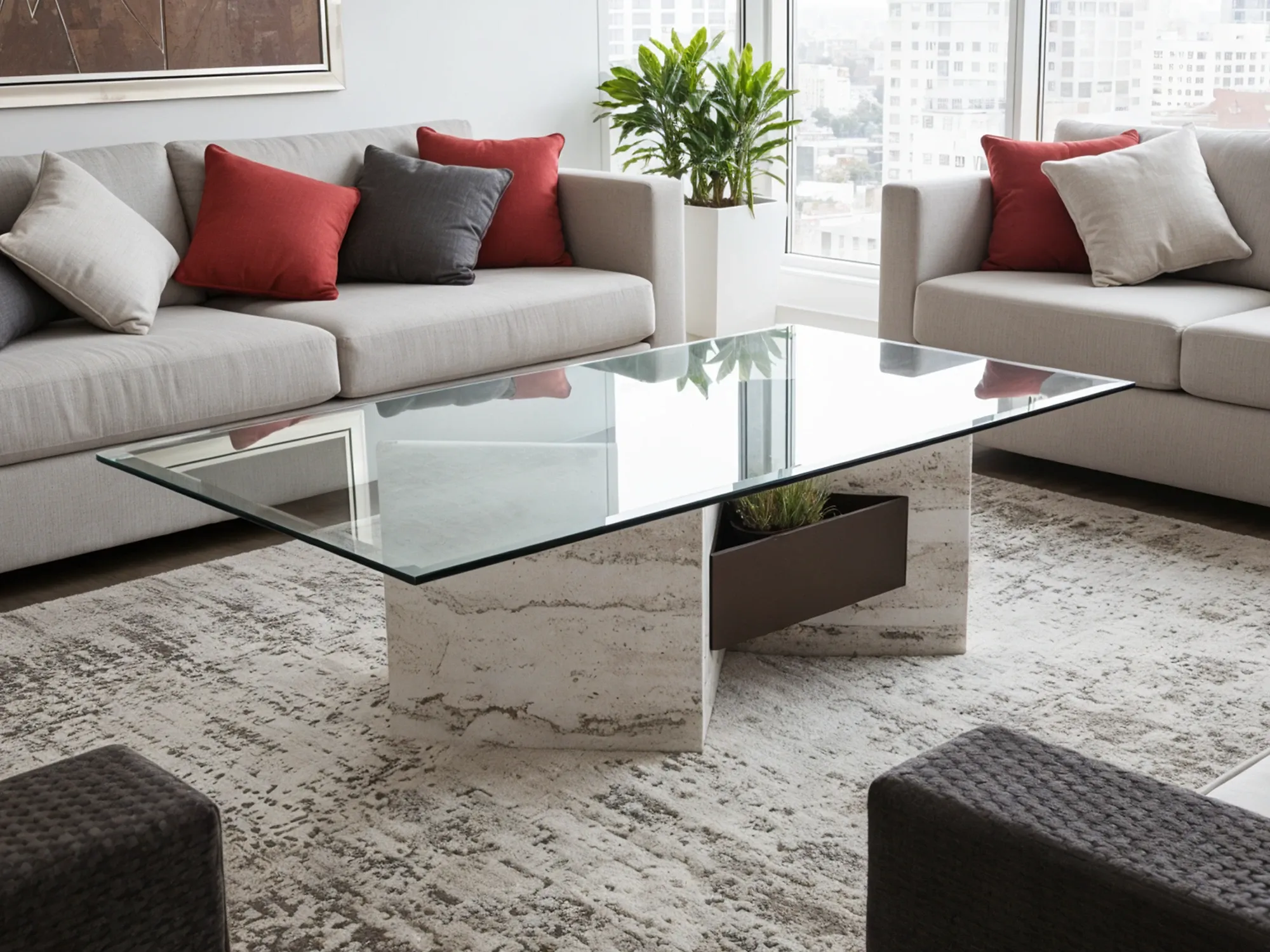 A modern living room with a thick rectangular glass-top coffee table on a heavy travertine stone base that includes a built-in planter.