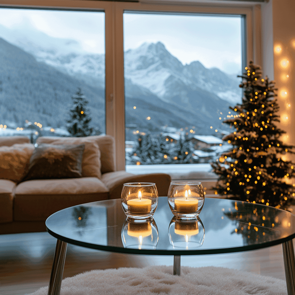 Cozy living room with a glass coffee table displaying two lit candles