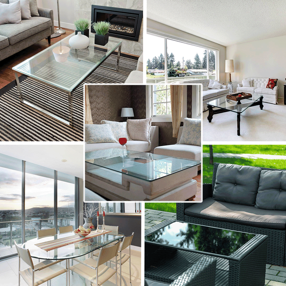 Custom glass table tops in various living spaces showcasing tempered glass