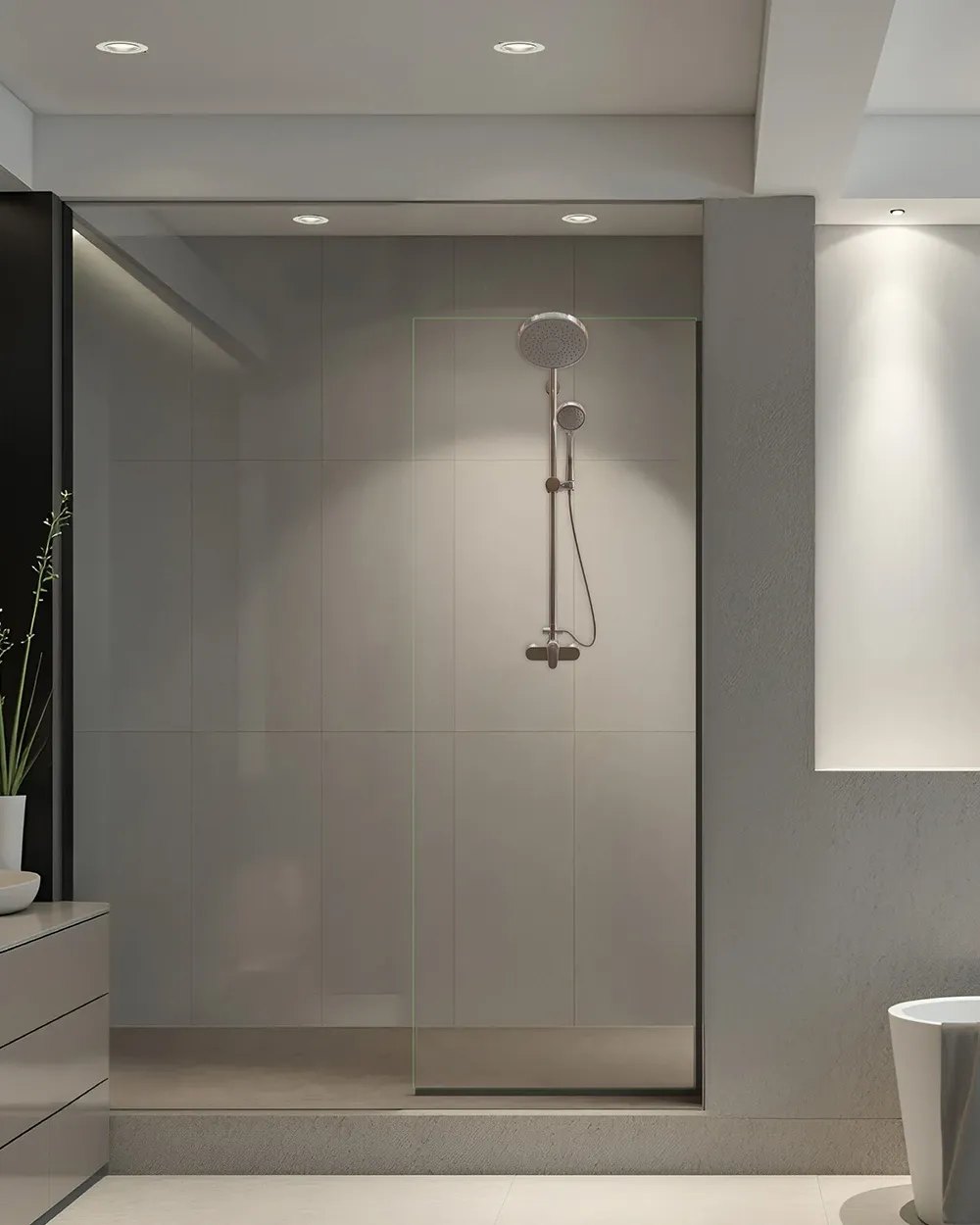 Fixed shower screen splash-control guide from Dulles Glass
