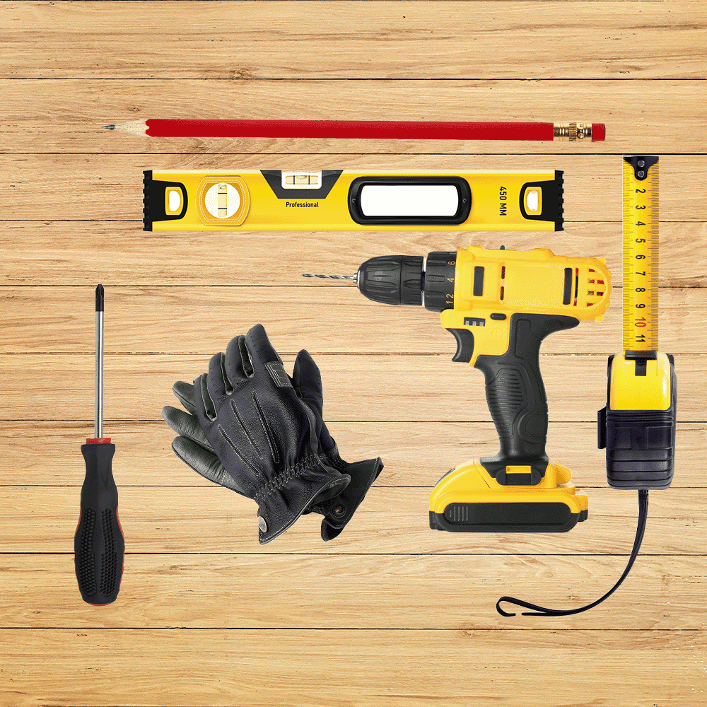 Tools for installing custom glass shower doors, table tops, and mirrors, including drill, level, screwdriver, measuring tape, and gloves.