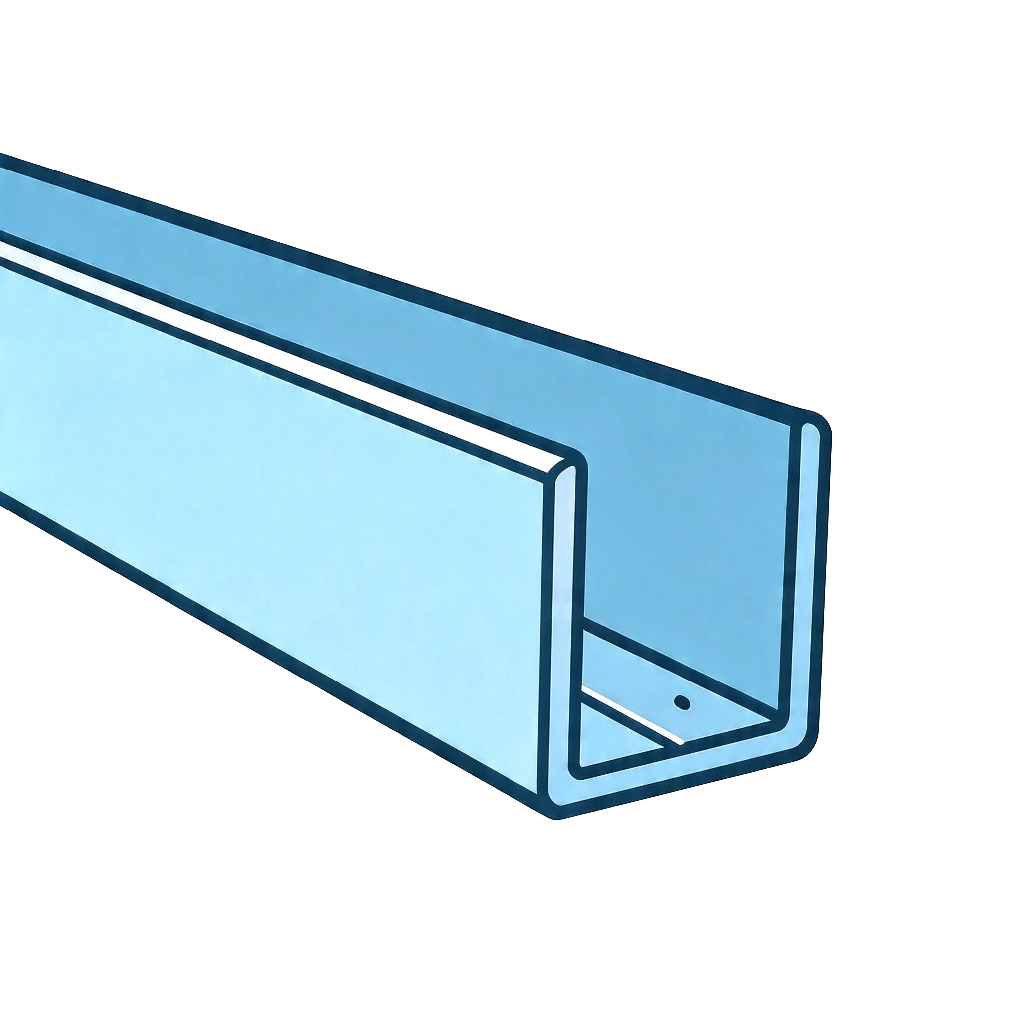 Continuous U-channel hardware supporting the edge of a fixed shower glass panel.