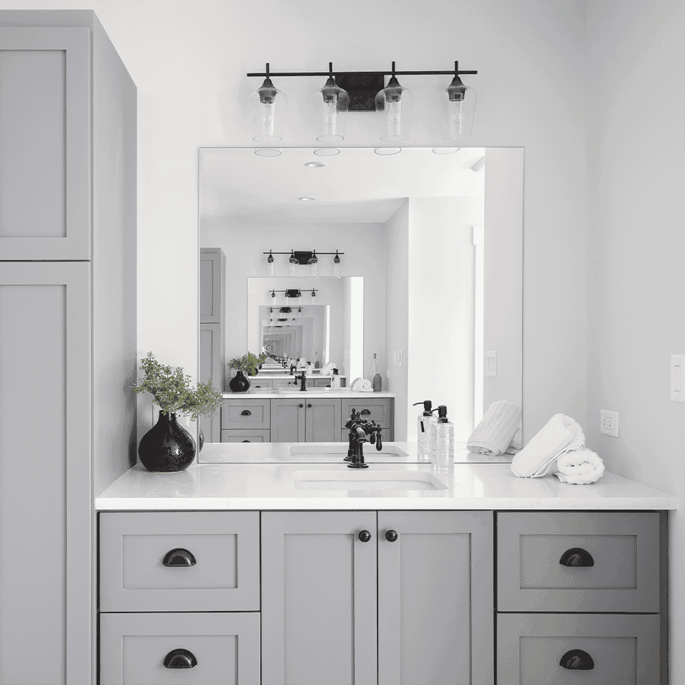 Modern bathroom featuring custom mirrors