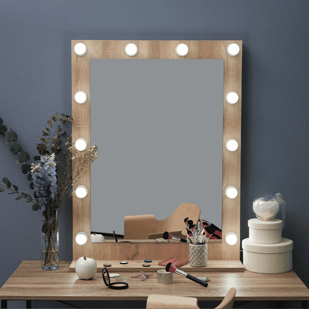 Custom mirror with a wooden frame and LED lights