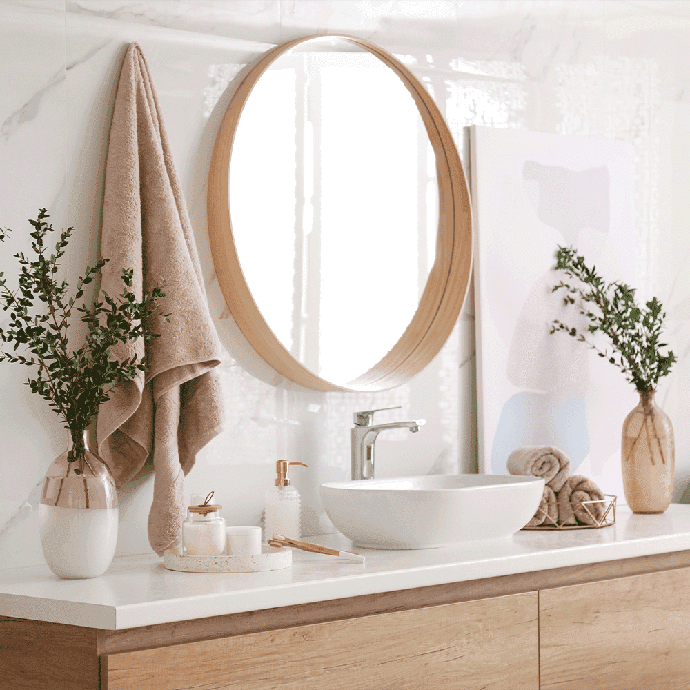 Modern bathroom vanity with a round mirror