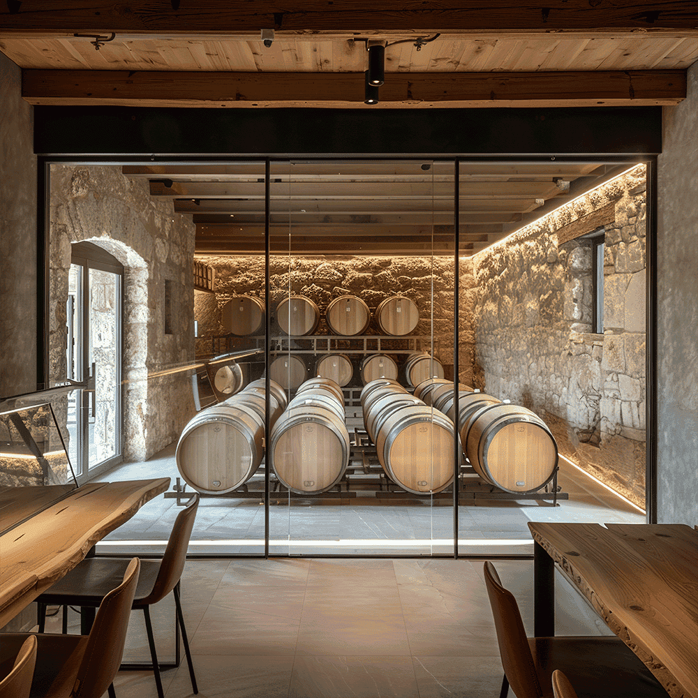 Custom glass partition showcasing wine barrels