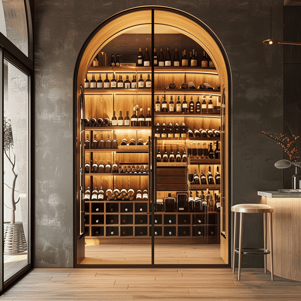 Custom glass wine cellar with tempered glass doors