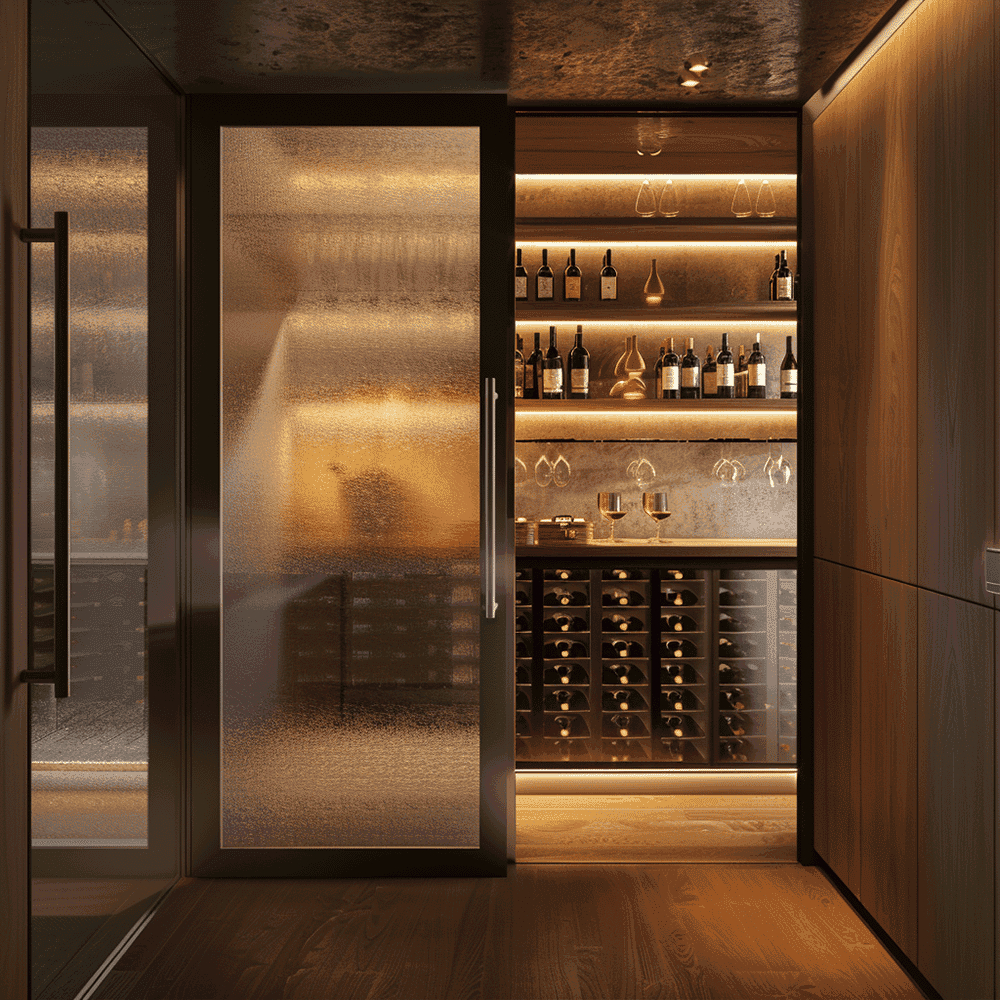 Custom glass shower door leading to an elegant wine storage area with modern shelving