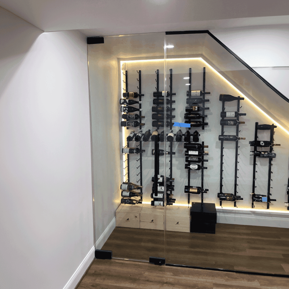 Custom glass wine storage with a sleek tempered glass door