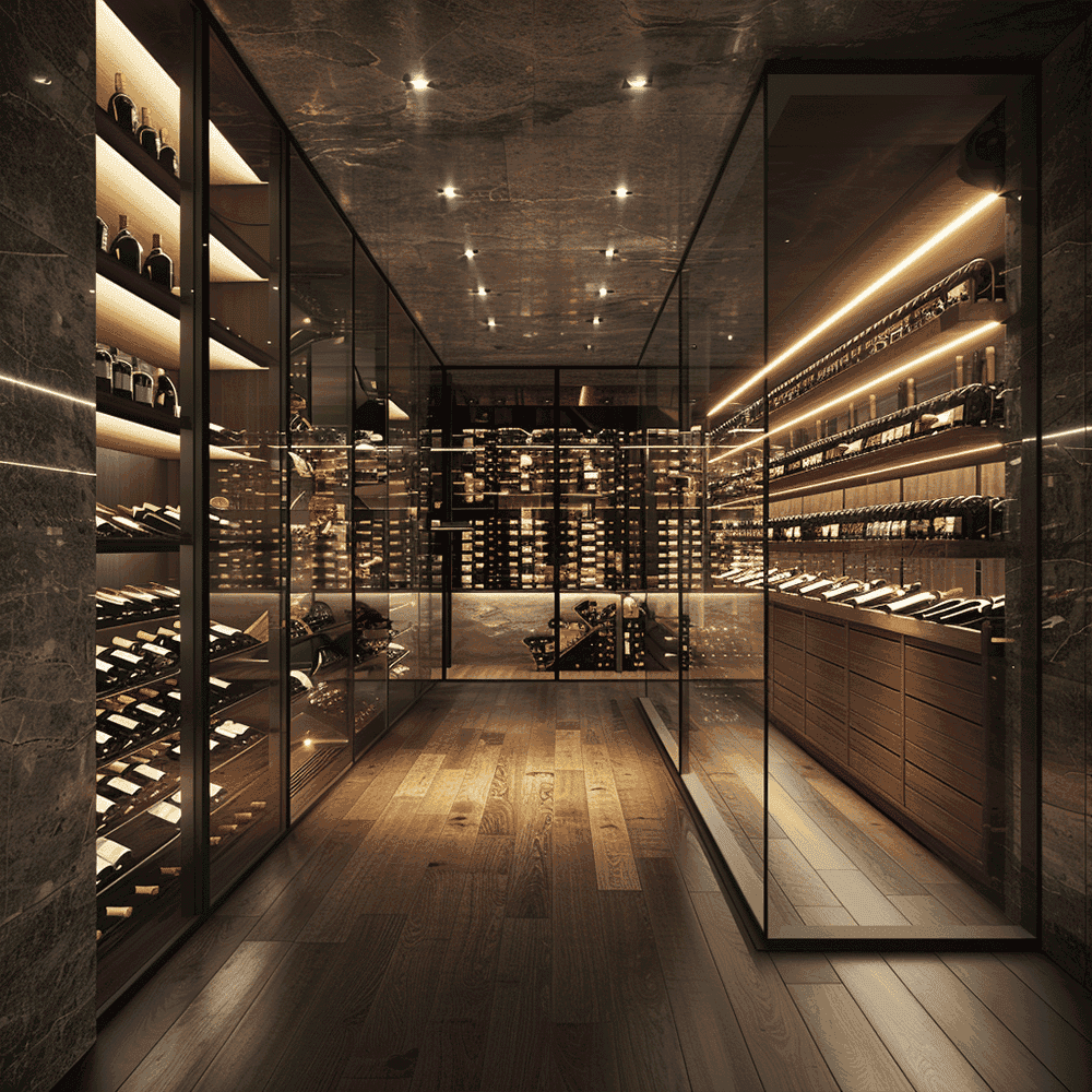 Elegant wine cellar featuring custom glass shelving