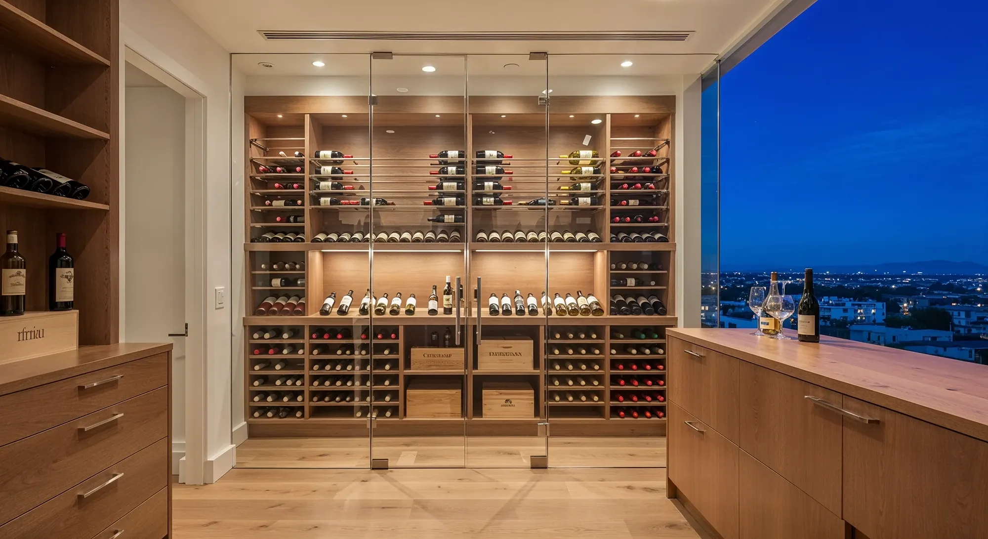 Expansive floor-to-ceiling glass wine cellar with custom lighted racks in a modern home with a city view at dusk.