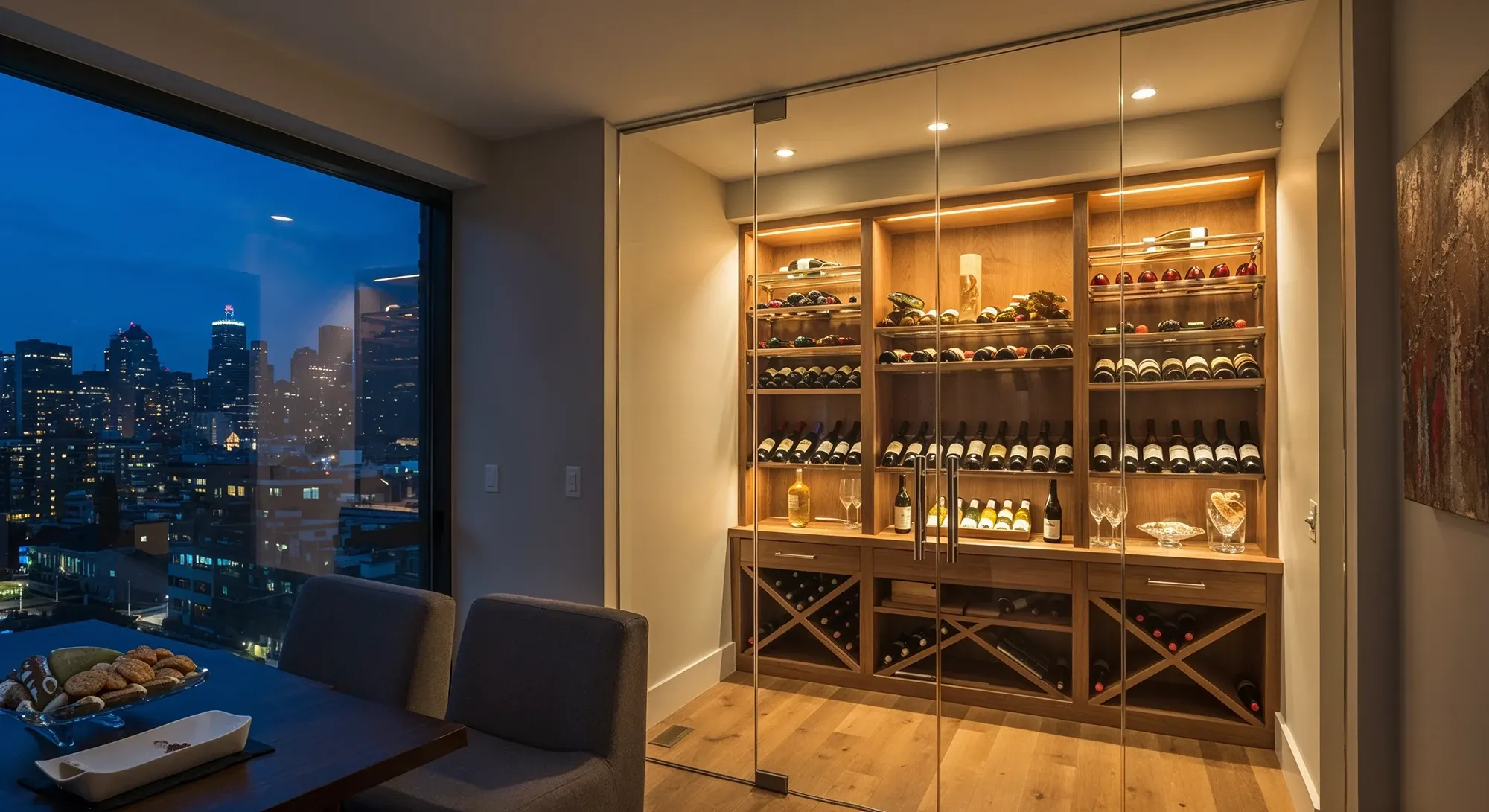 Modern dining area in a high-rise with a city skyline view, featuring a built-in, warmly lit glass wine cellar.