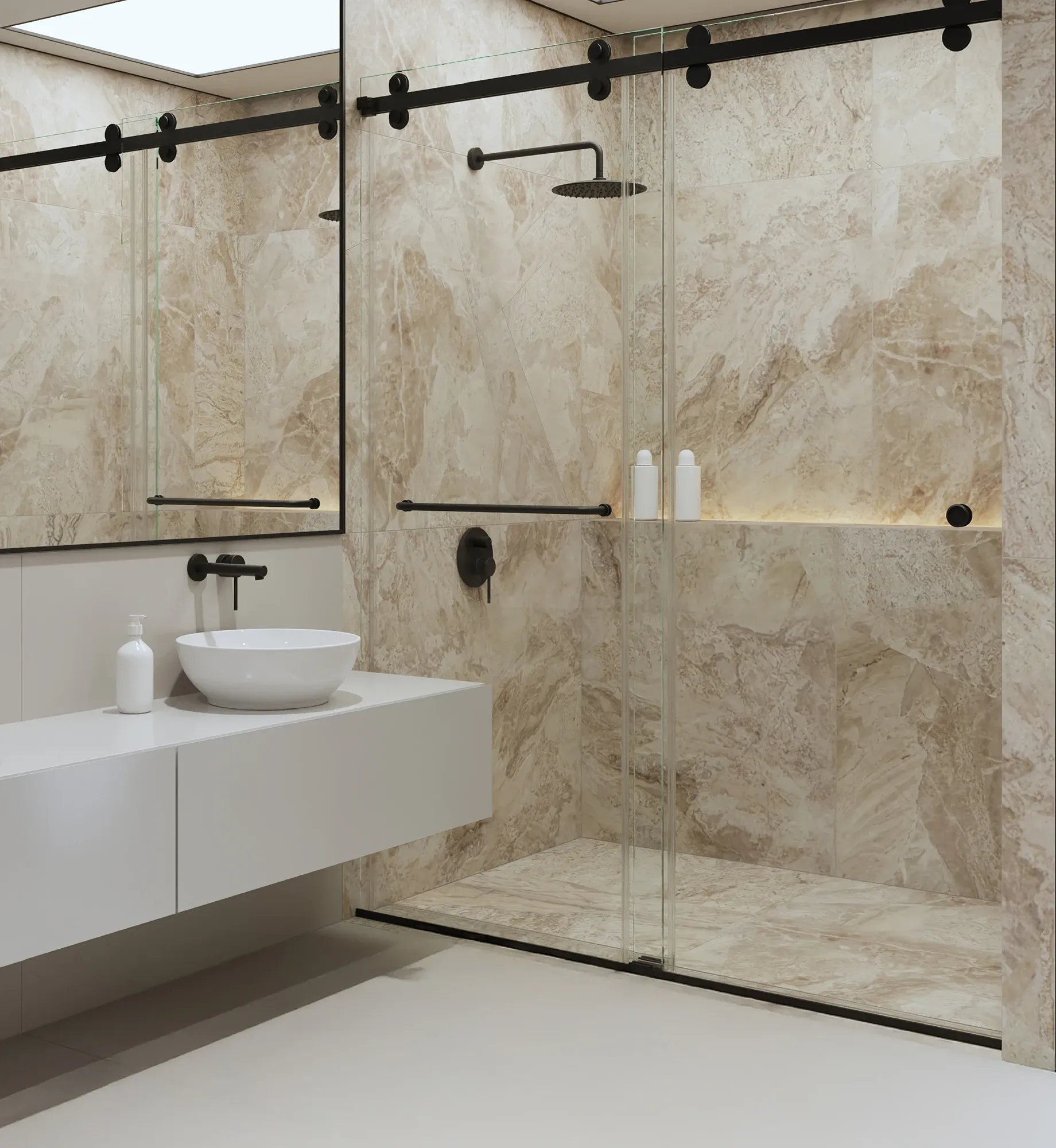 A luxurious modern bathroom featuring a walk-in shower with a sliding glass door on black barn-door style hardware, marble tiles, and a floating vanity with a vessel sink.