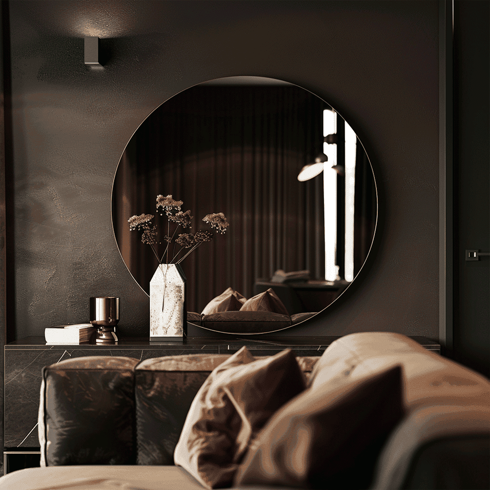 Modern living room featuring a round mirror with a beveled edge, decorative vase, and sleek furnishings, highlighting custom glass designs for mirrors and elegant table tops.
