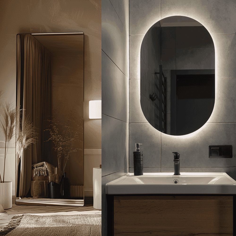 Custom glass mirrors with beveled edges in a modern bathroom setting, showcasing elegant design and tempered glass accents.