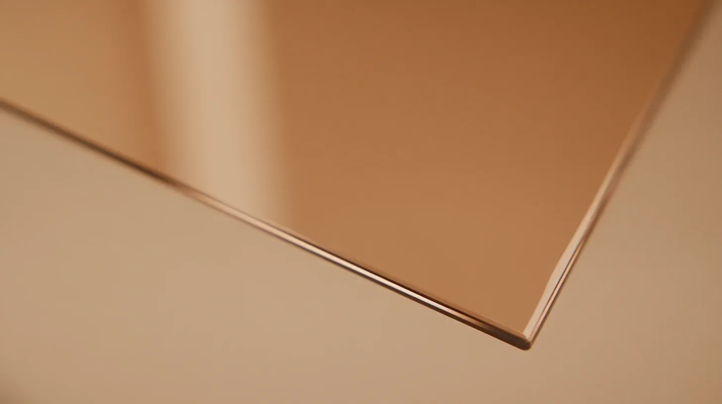 A flat, bronze-tinted glass pane, angled to highlight its smooth, polished edge against a soft, neutral background.
