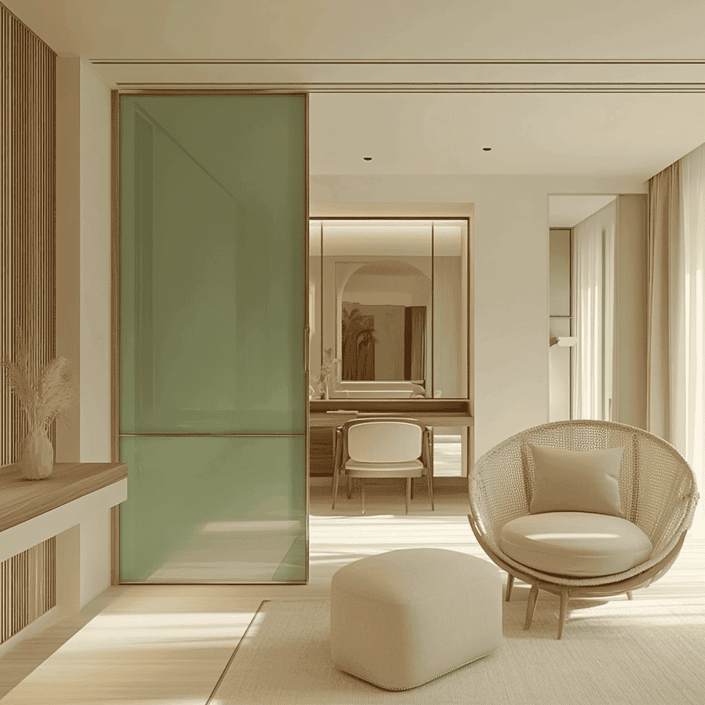 Modern interior featuring custom glass shower doors, a sleek mirror, and a stylish seating area with neutral tones, highlighting tempered glass and a beveled glass edge.