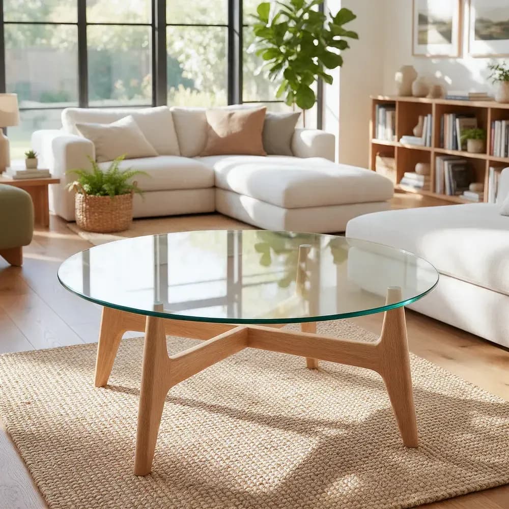 Round glass coffee table top resting on a wooden base