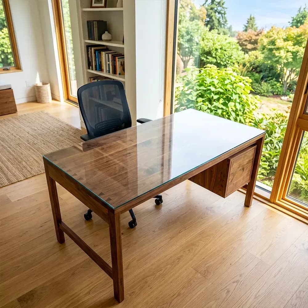 Glass cover on a wooden desk