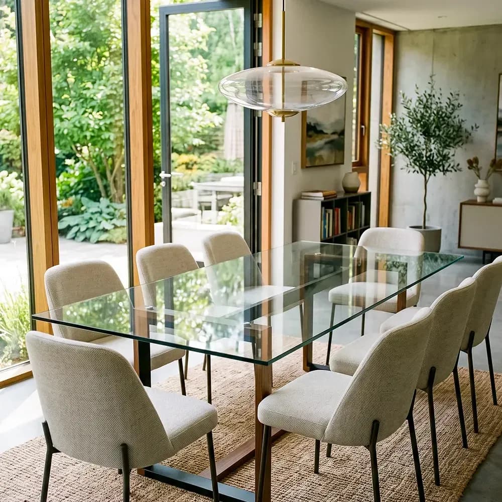 Clear glass top on a dining table with a wooden base