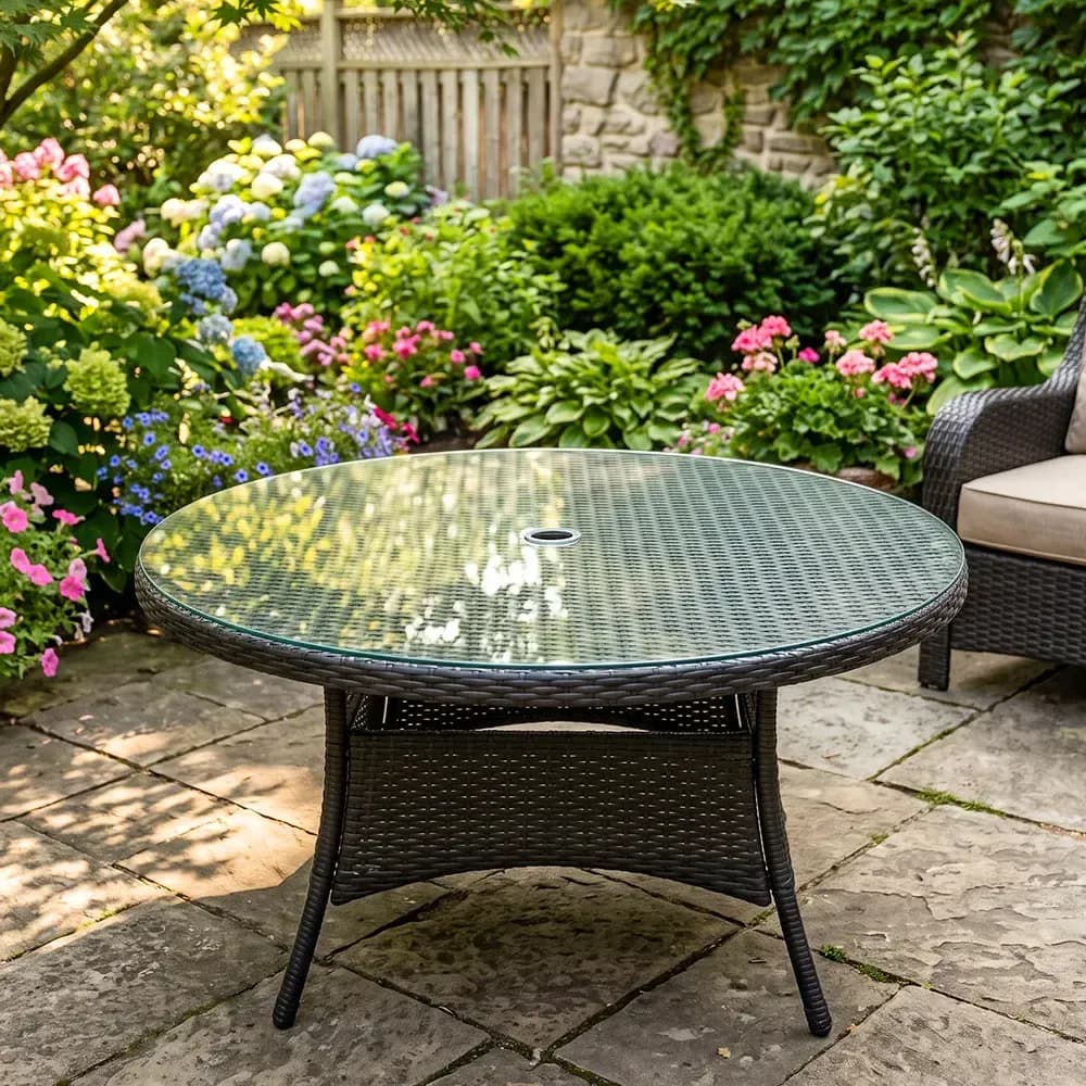 Round glass patio table top with an umbrella hole