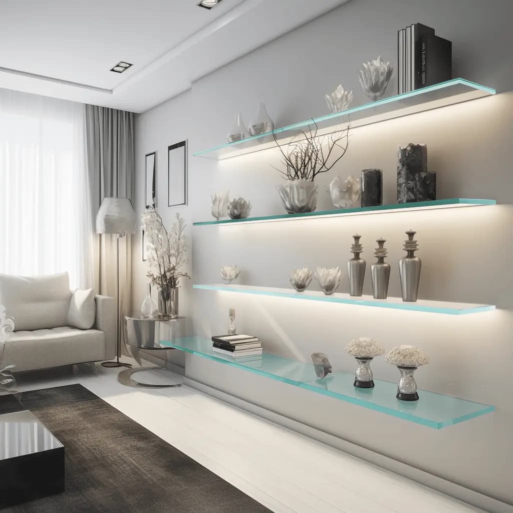 Modern living space with custom floating glass shelves