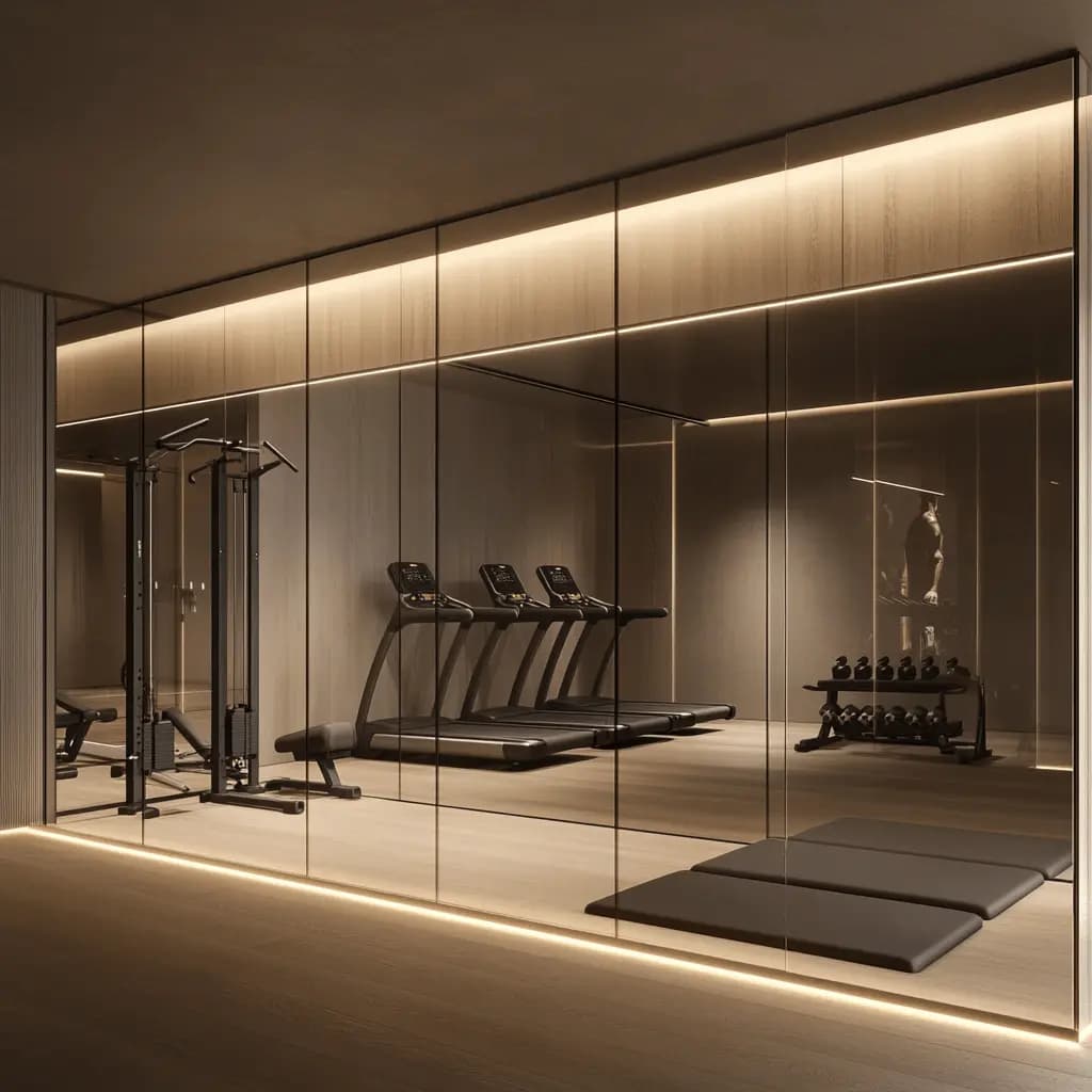 Luxury home gym with floor-to-ceiling mirrored walls