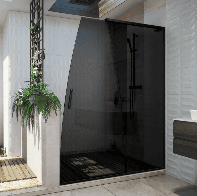Custom tempered glass shower door with a sleek design, featuring a black finish and modern aesthetic in a contemporary bathroom setting.