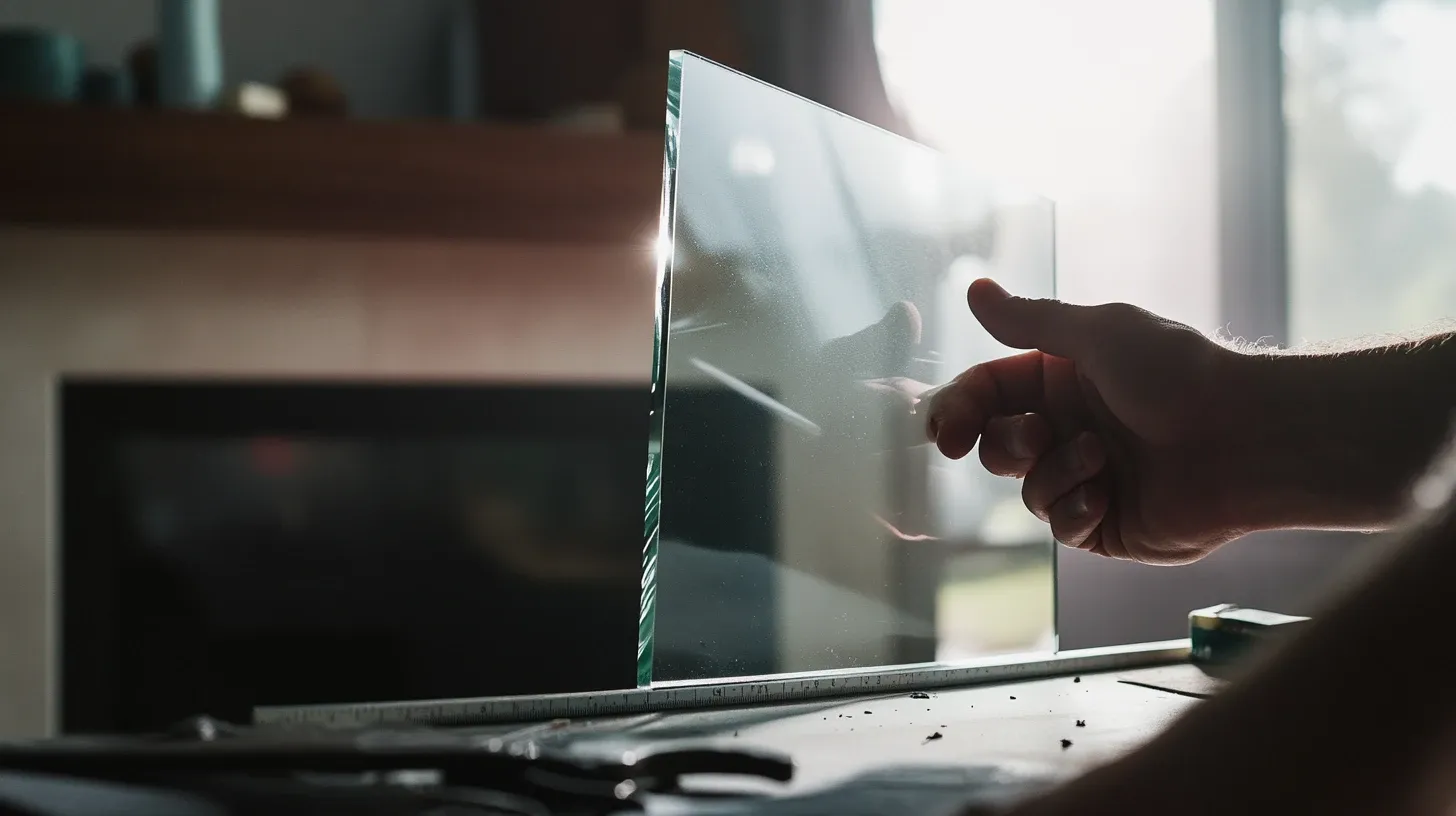 Close-up of a hand holding a custom-cut glass panel with sunlight shining through.