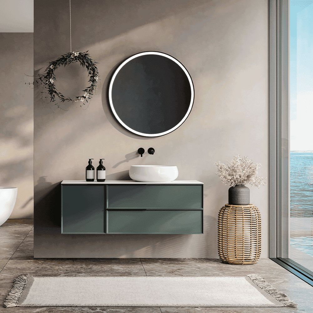 Modern bathroom featuring a circular beveled edge mirror, sleek custom glass sink, and stylish decor, emphasizing shower doors, table tops, and tempered glass.