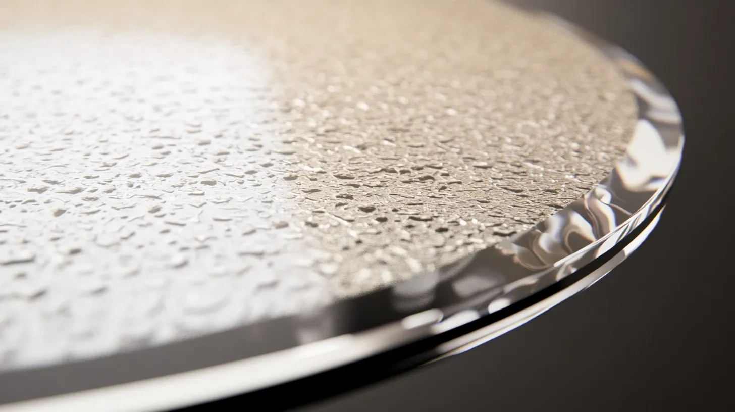 Close-up of a round glass table top with a textured surface and polished edge.