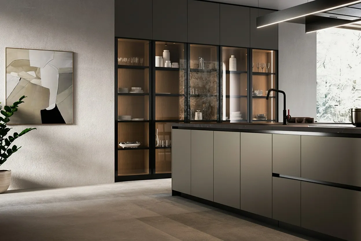 A luxurious minimalist kitchen featuring a sleek island with a black faucet, and a wall of custom display cabinets with black-framed, fluted glass doors and warm integrated lighting.
