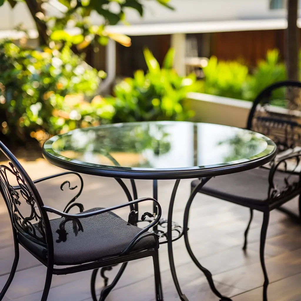 A round glass tabletop with pencil-polished edges sits atop a black metal frame, with a patio and greenery in the background.