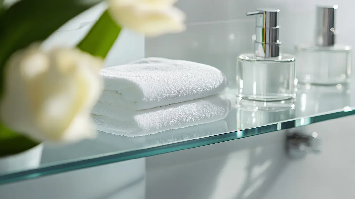A close-up of a clean glass bathroom shelf holding neatly folded white towels and a clear glass soap dispenser.