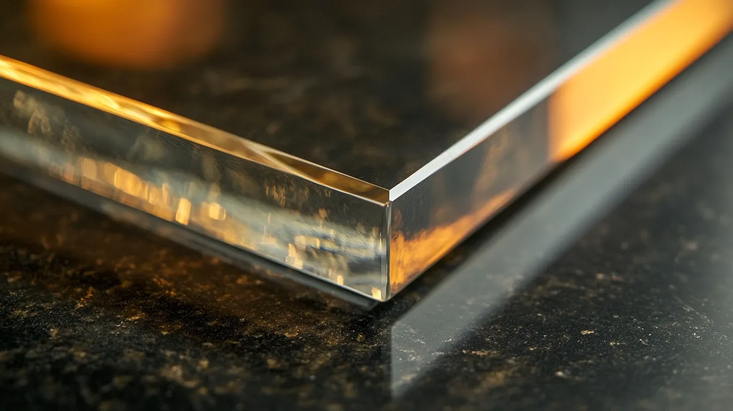 A close-up reveals the polished edge of a thick glass surface resting on a dark, speckled countertop, reflecting warm, blurred light.