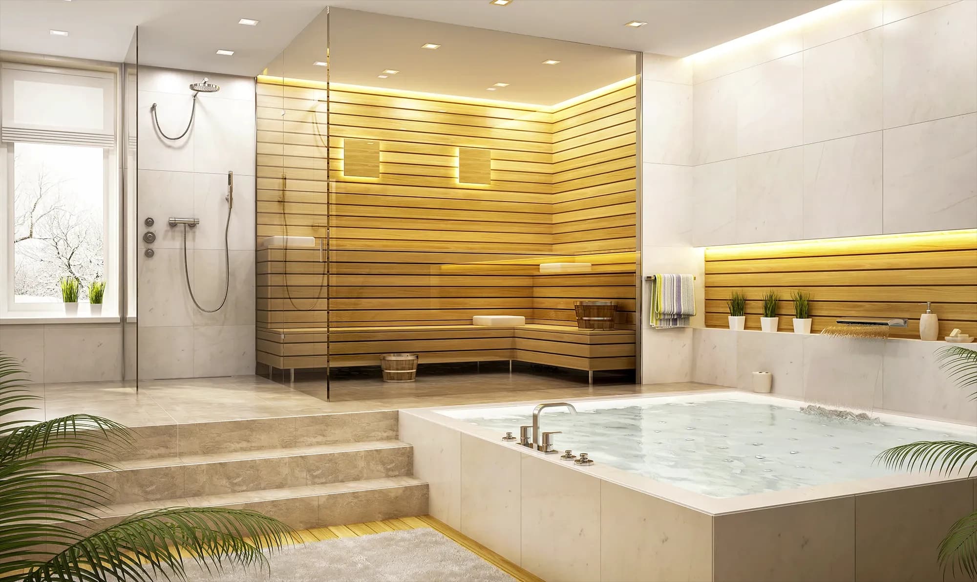A luxury home spa bathroom with a large jacuzzi tub and a glass-enclosed sauna and steam shower with backlit wood walls.