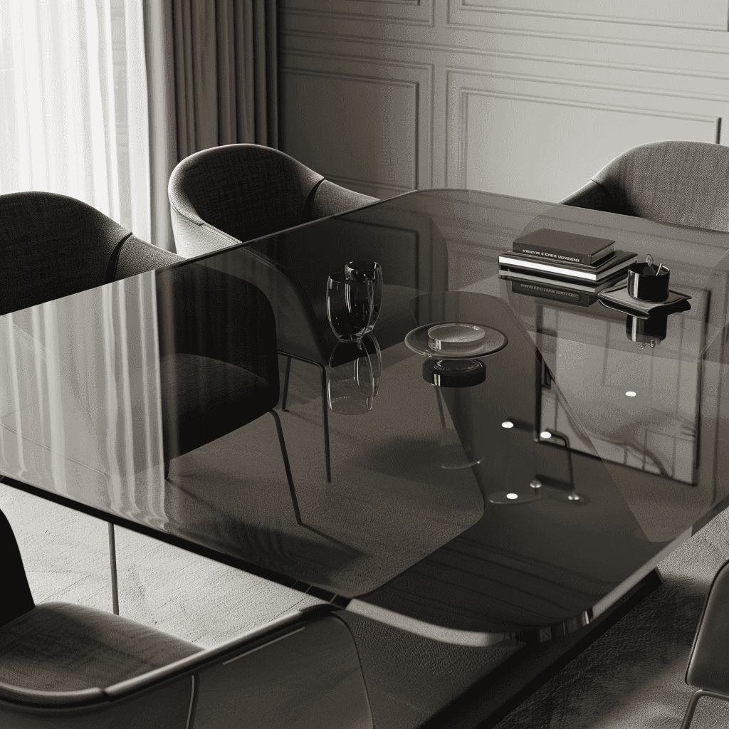 Elegant custom glass dining table featuring a sleek design, tempered glass surface, and contemporary styling, ideal for showcasing modern decor in any space.