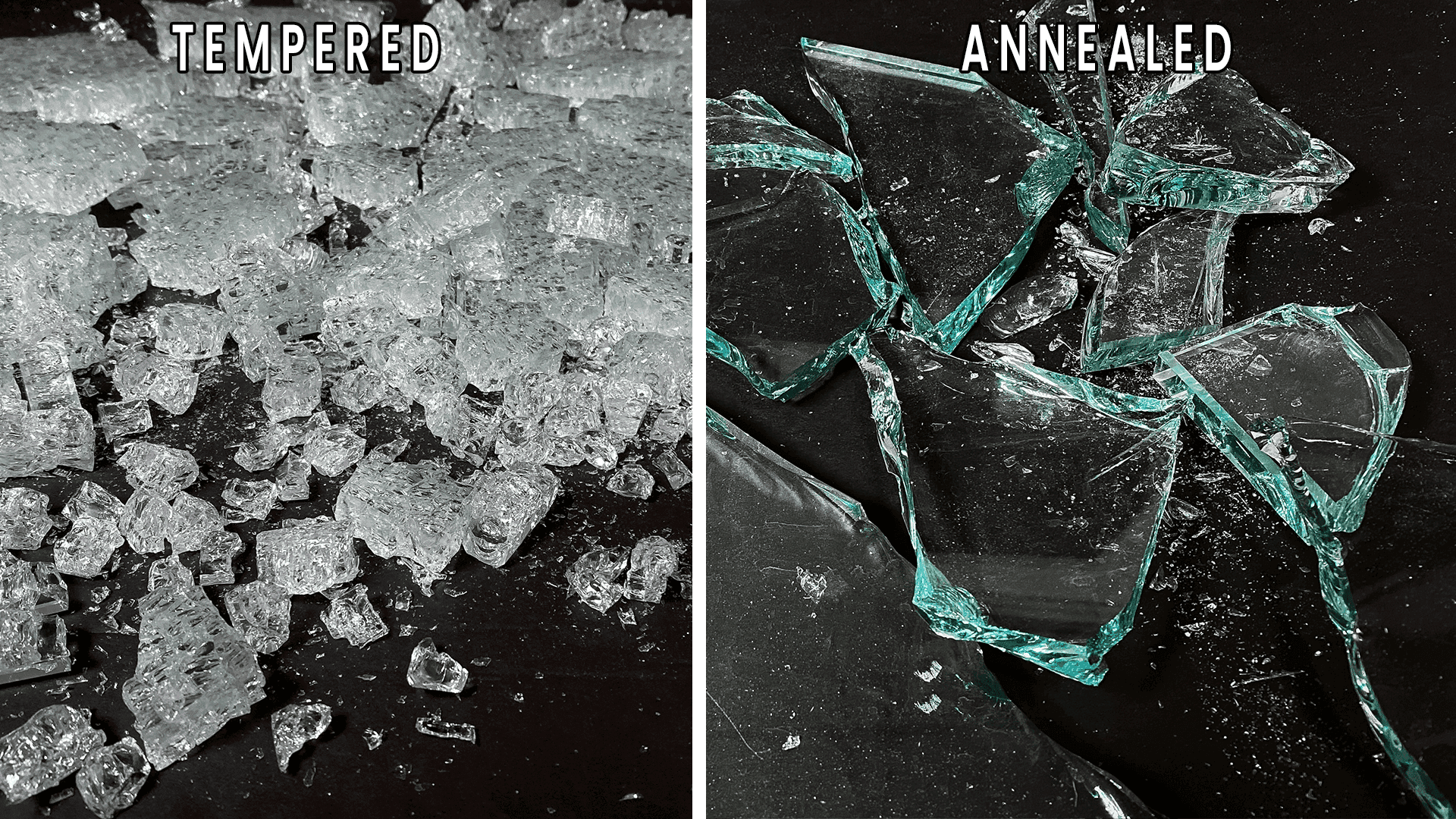 Tempered glass shards on the left, showcasing strength and safety features; annealed glass pieces on the right, illustrating standard glass breakage. Highlighting the differences in glass types for custom shower doors, table tops, and mirrors.