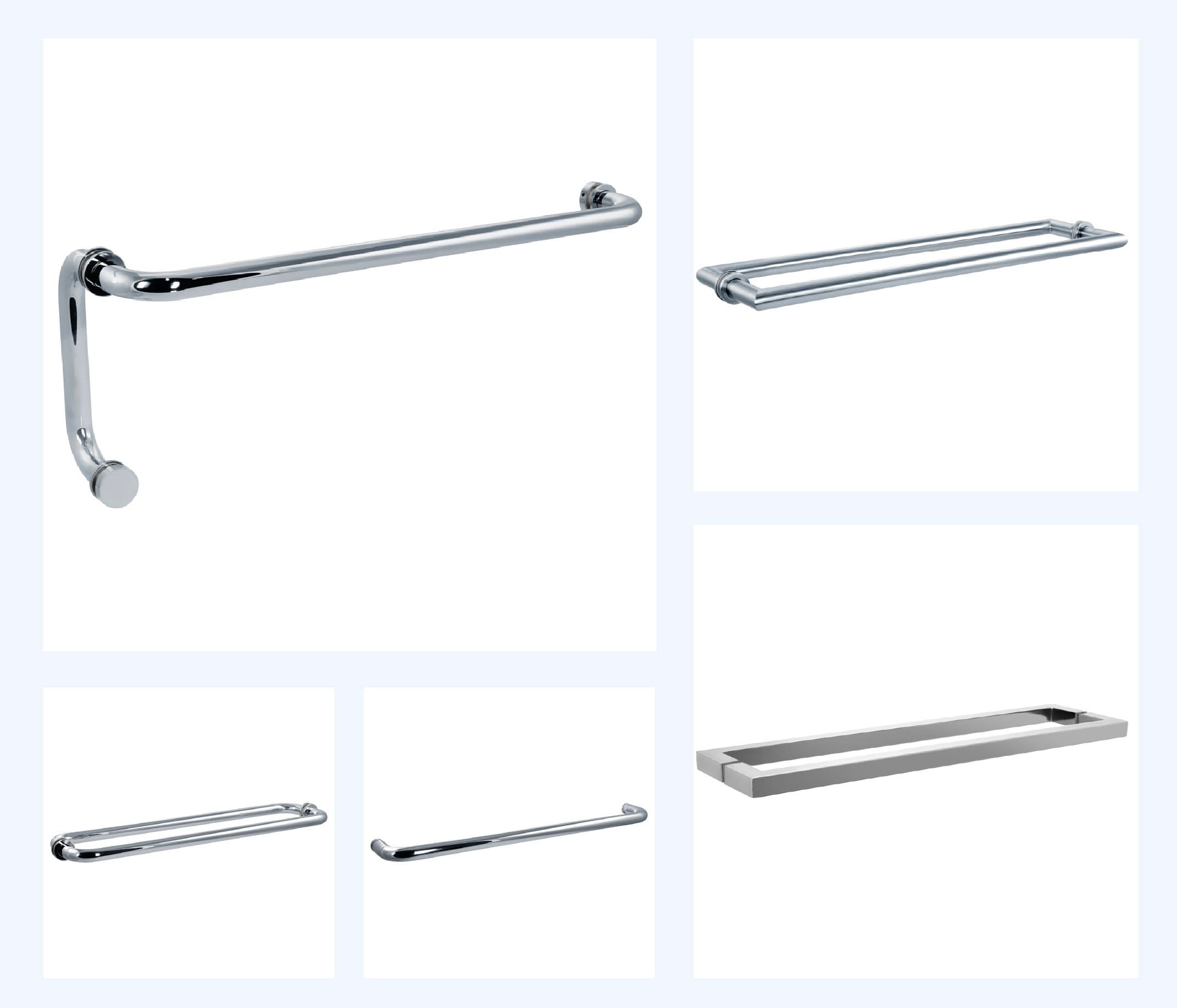 variety of sleek chrome towel bars and racks for custom bathroom setups, showcasing quality materials and modern design suitable for glass shower doors and mirrors