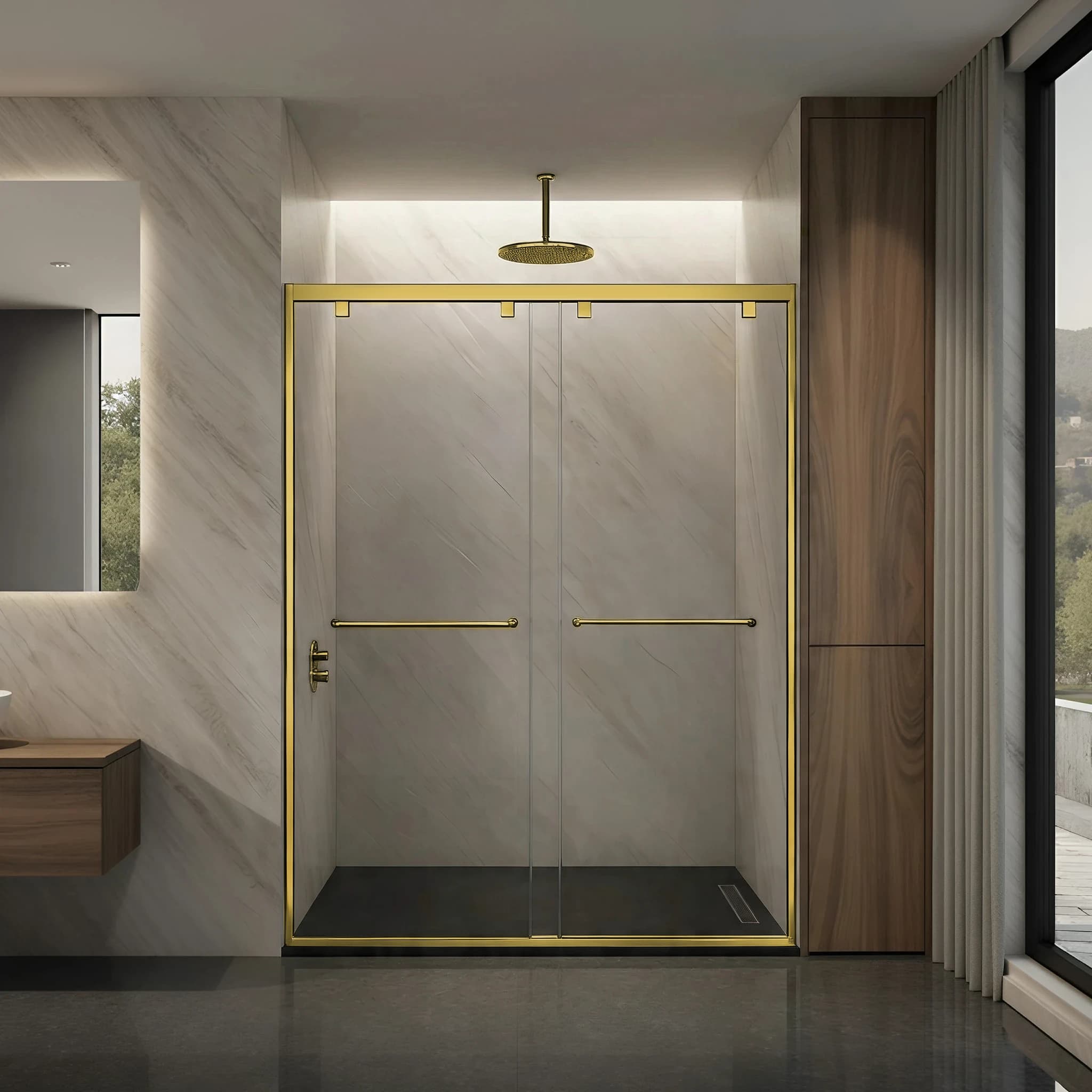 48"x76" Satin Brass Mona Inline Semi-Frameless Bypass Sliding Enclosure