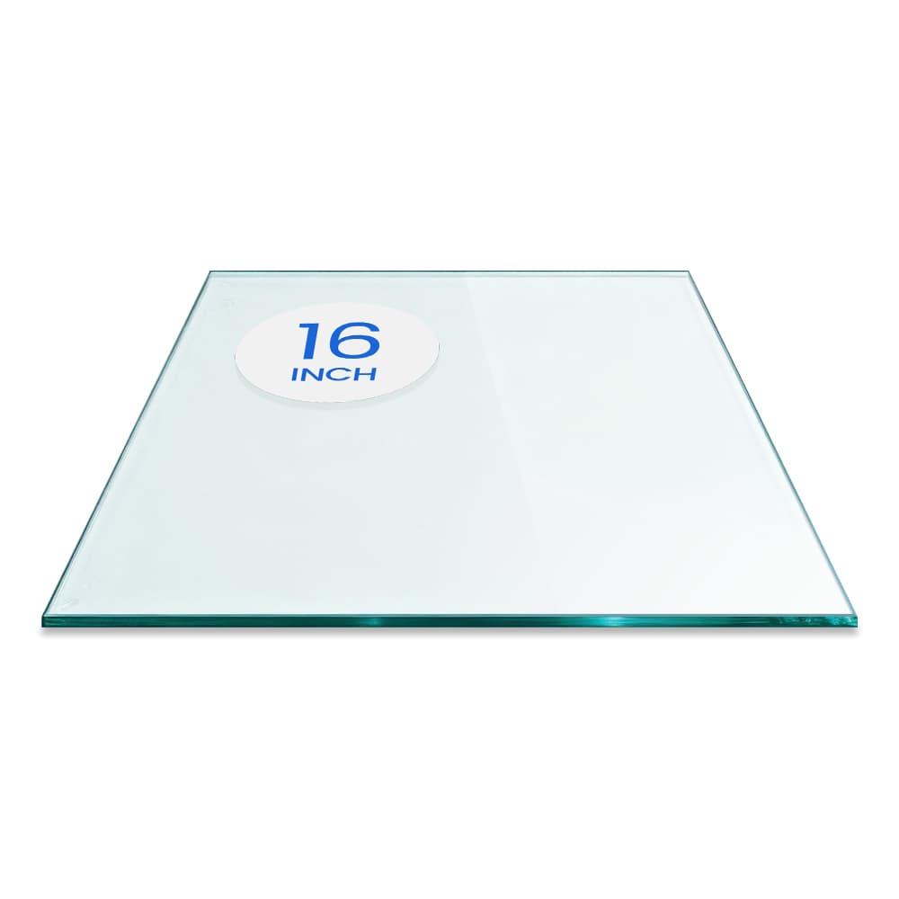 16-inch square tempered glass table top with a flat polished edge and eased corners