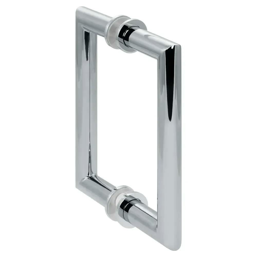 ack-to-back chrome-finished shower door handles against a white background