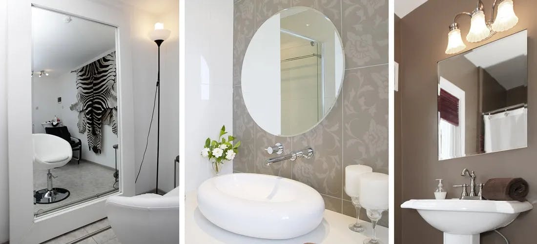 Three images side by side: 1st - Wall-mounted large rectangular mirror in front of a modern white chair on a beige floor, with a warm-lit floor lamp (power cord off-screen). 2nd - Round mirror on a white sink with beige granite, white glass wine glasses, 